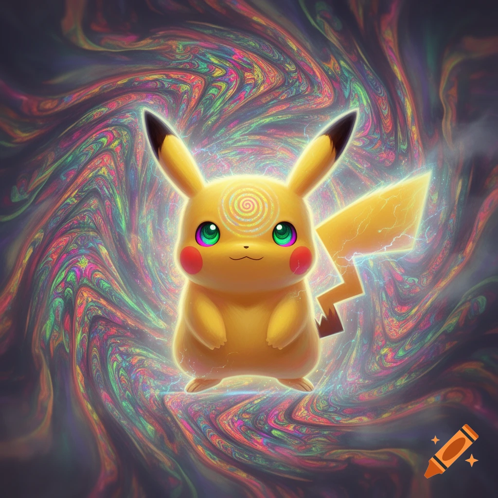 Stylized Pikachu with swirling colorful eyes and a forehead spiral, set against a vibrant, psychedelic background.