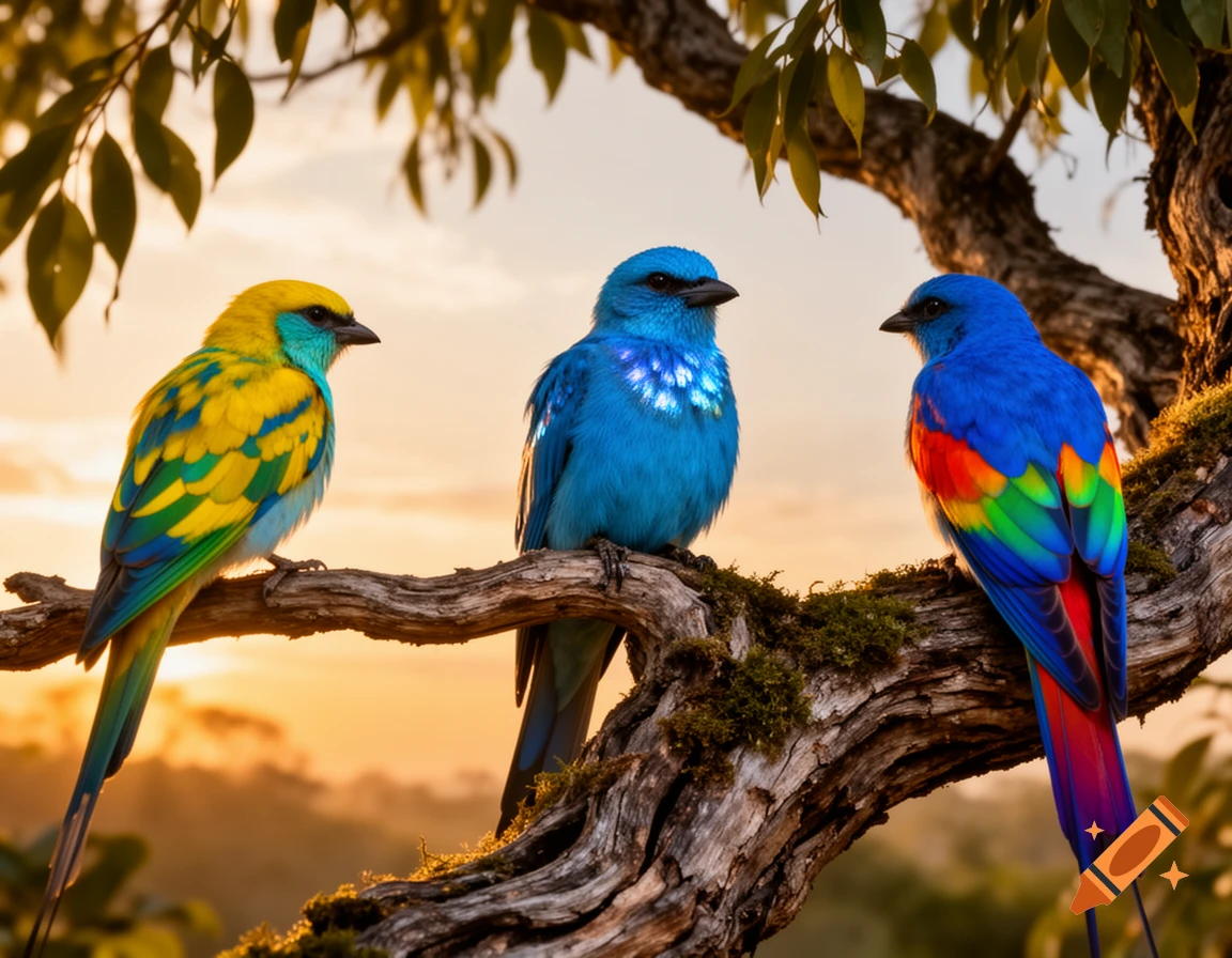 Three colorful birds perch on a mossy tree branch against a warm sunset sky, one yellow, green, and blue, two blue with rainbow accents.