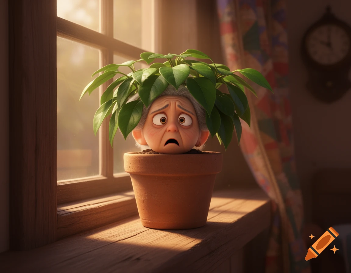 A shocked, tired grandmother's face emerges from a potted plant on a wooden windowsill in a cozy 3D cartoon style.