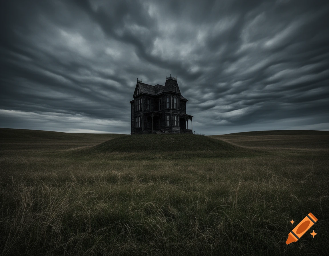 A dark, imposing house stands on a grassy hill beneath a stormy, cloudy sky.