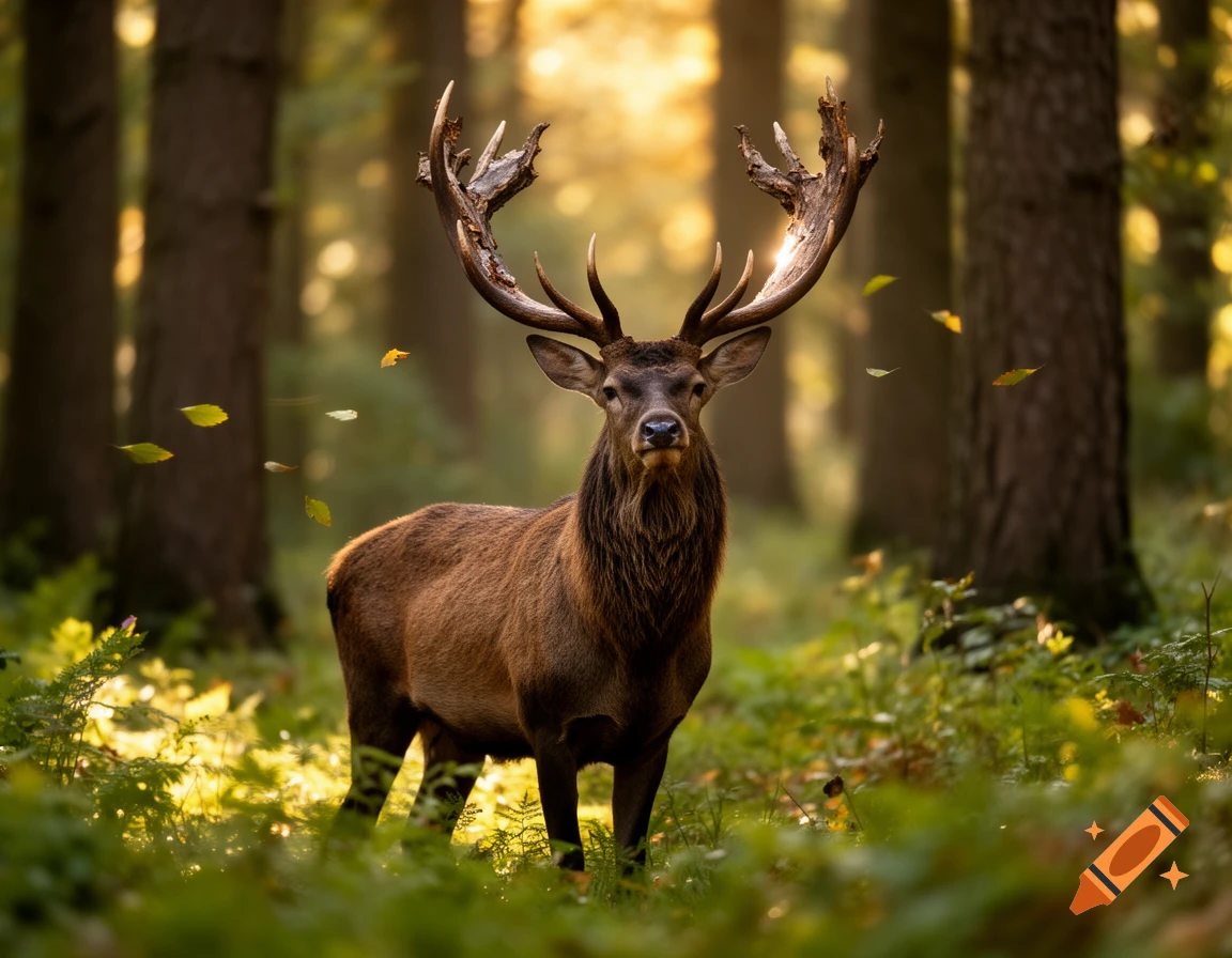 A majestic red deer with large antlers stands in a sunlit forest with falling autumn leaves.