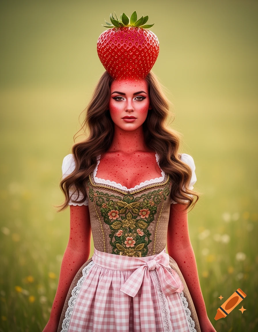 A woman with a strawberry for a head and red skin, wearing a traditional dirndl dress, standing in a grassy field.