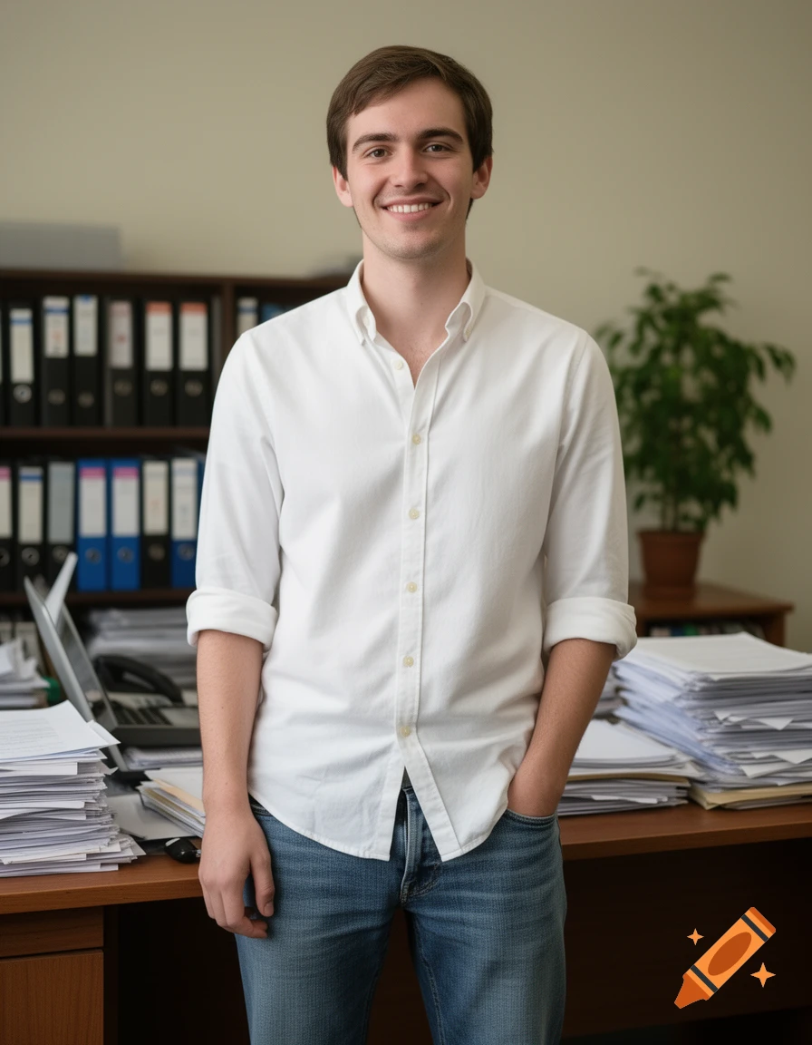 A smiling young man in a white shirt and jeans stands with hands in pockets in an office, with bookshelves and papers in the background.