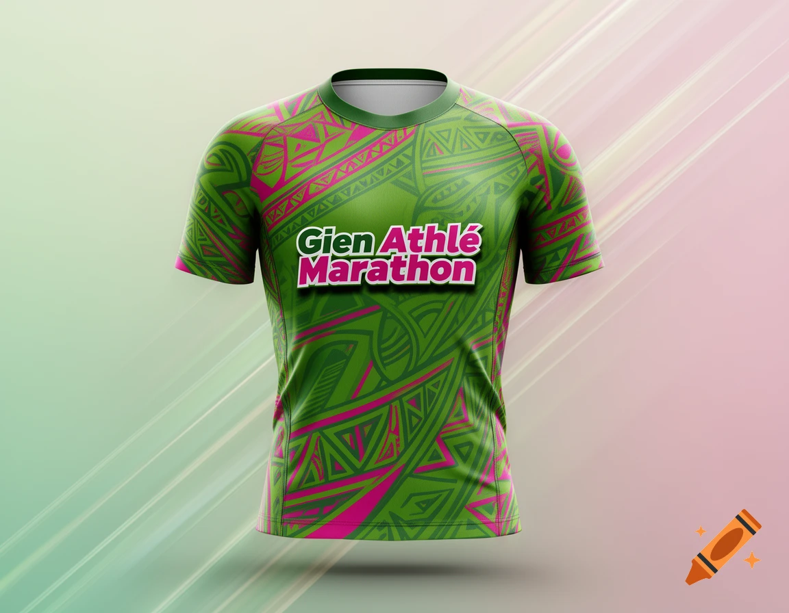 A vibrant green and pink athletic jersey featuring tribal patterns and the text "Gien Athlé Marathon" on the front.