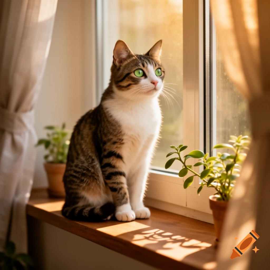 A tabby and white cat with bright green eyes sits on a sunlit windowsill next to potted plants, looking out.