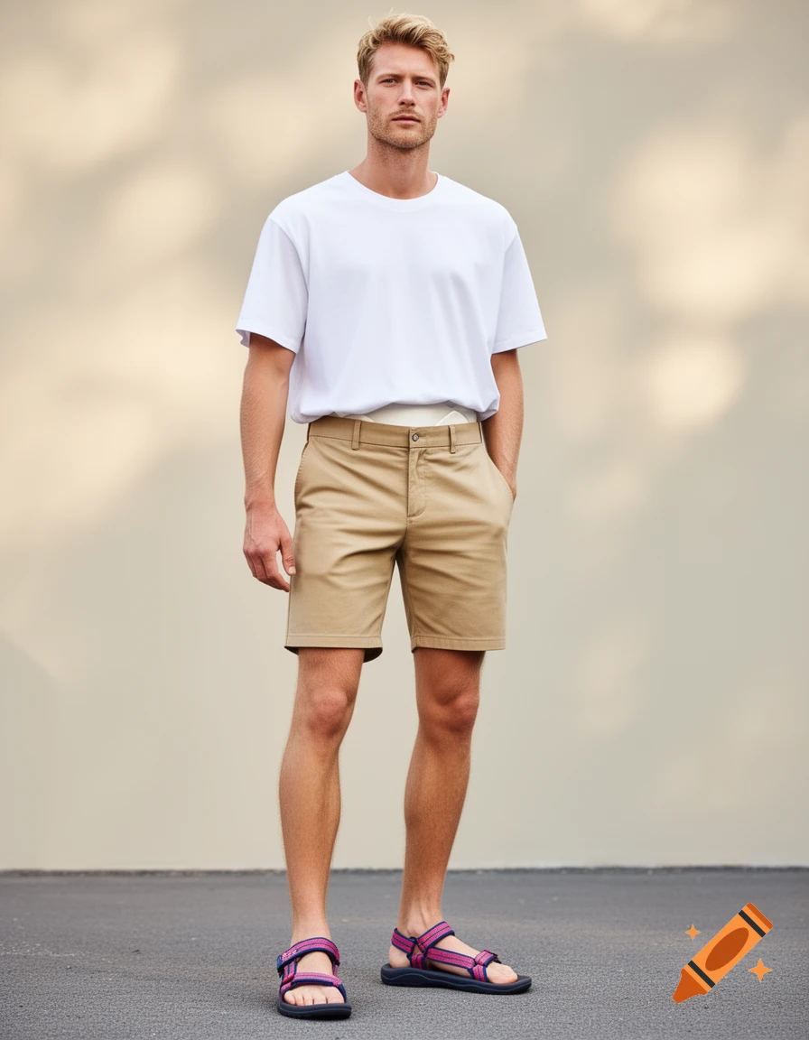 Photorealistic full-body shot of a male model wearing a white t-shirt, khaki shorts, and indigo-pink Teva sport sandals, standing outdoors.