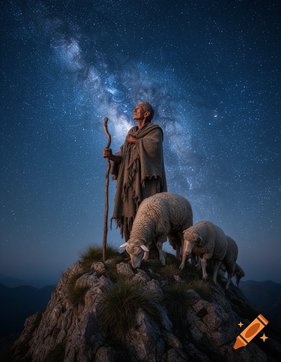Old shepherd with staff and sheep on a mountain at night, looking at the Milky Way.