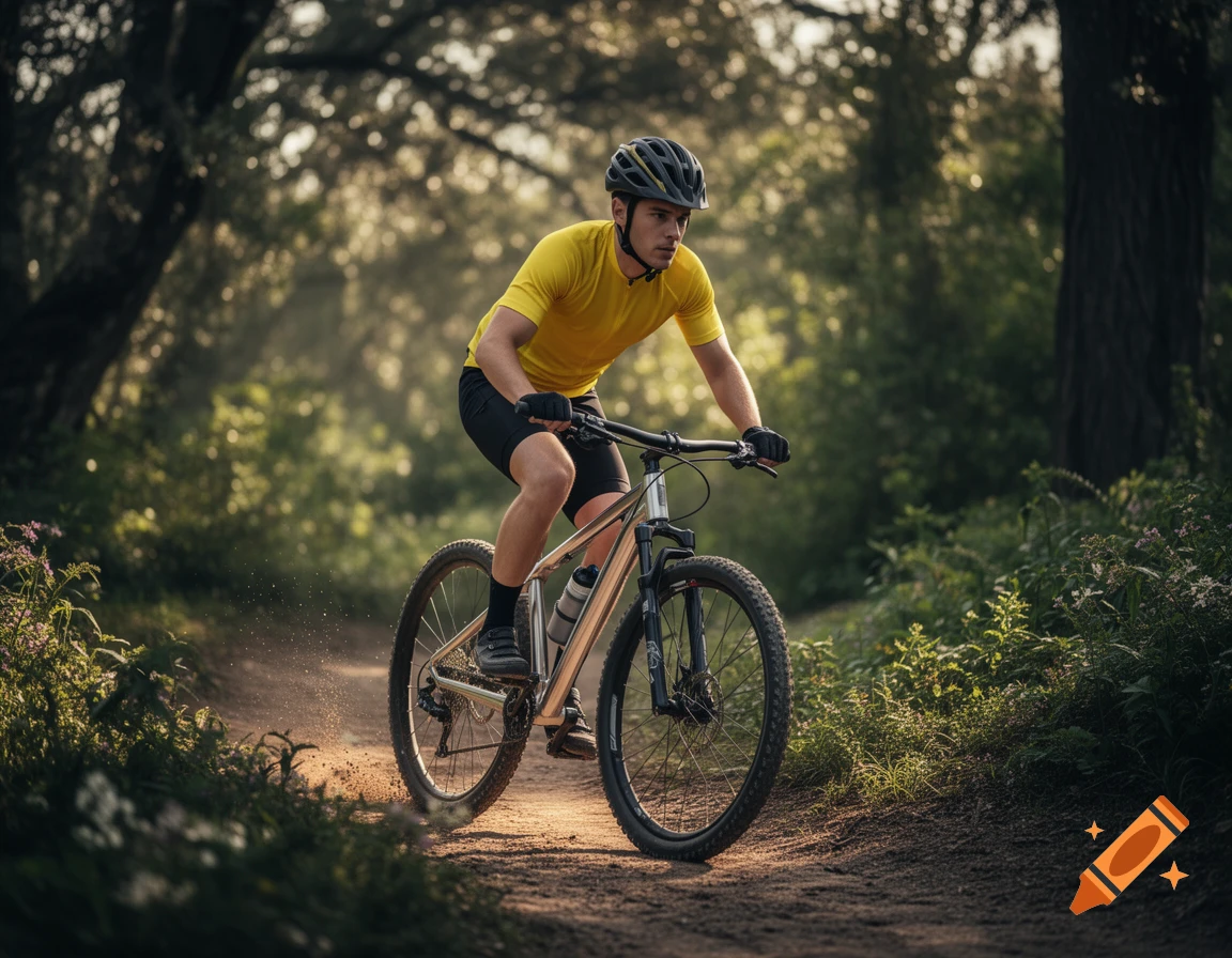 A man in a yellow shirt and helmet rides a mountain bike on a dirt path through a sunlit forest. Photorealistic.