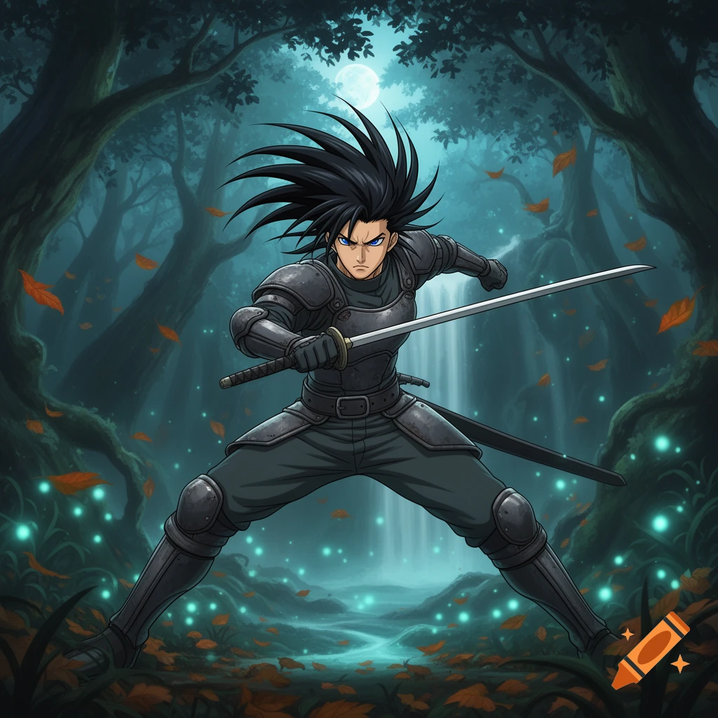 An anime warrior with spiky black hair and blue eyes stands in dark armor, holding a sword in a magical forest with glowing plants and a full moon.