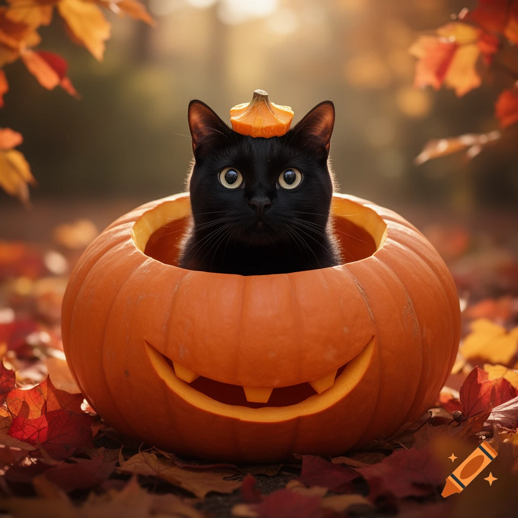 A black cat with a tiny pumpkin on its head sits inside a carved jack-o'-lantern, surrounded by fallen autumn leaves.
