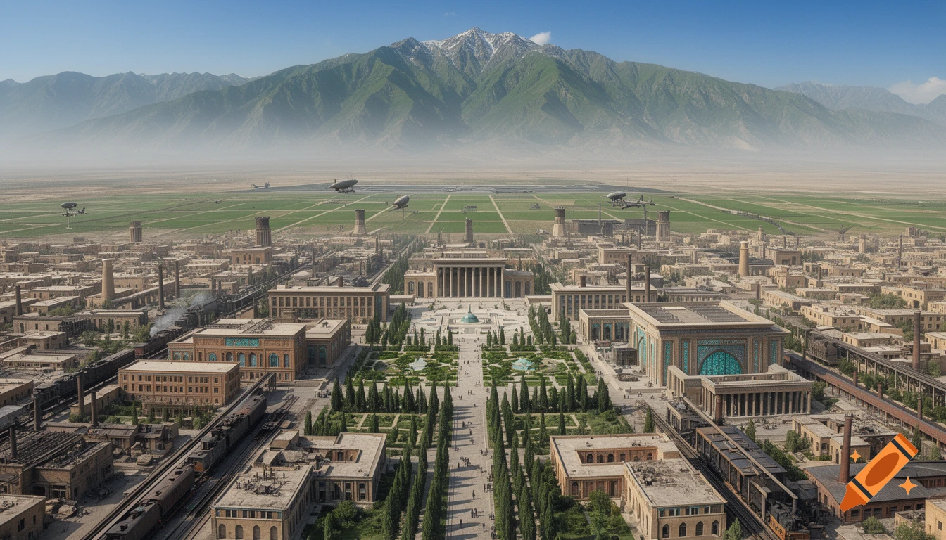 Aerial view of an alternate history city with Persian-industrial architecture, green gardens, trains, airships, and distant mountains under a blue sky.