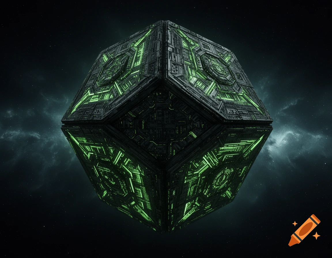 A dark, intricate, Borg-like cube glowing green, floating in a starry space with a nebula.