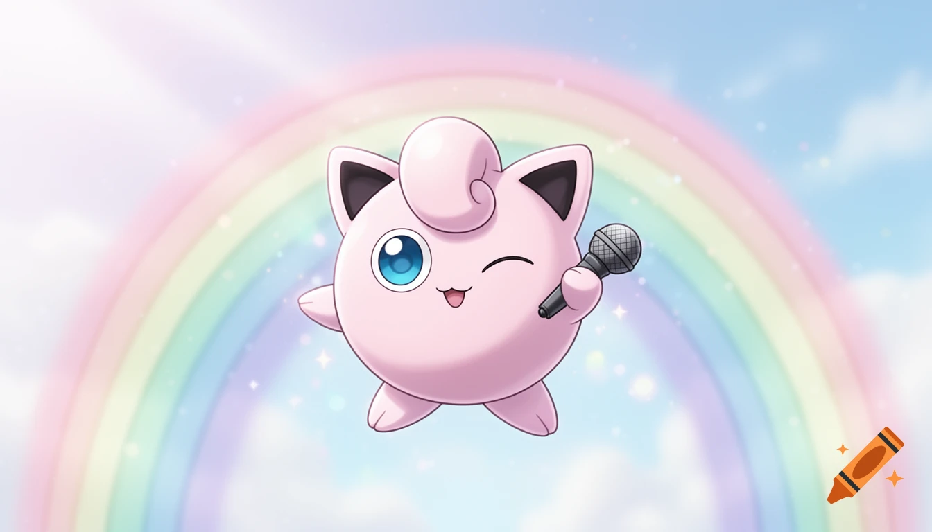 Animated Jigglypuff winks, holding a microphone in front of a pastel rainbow and blue sky.