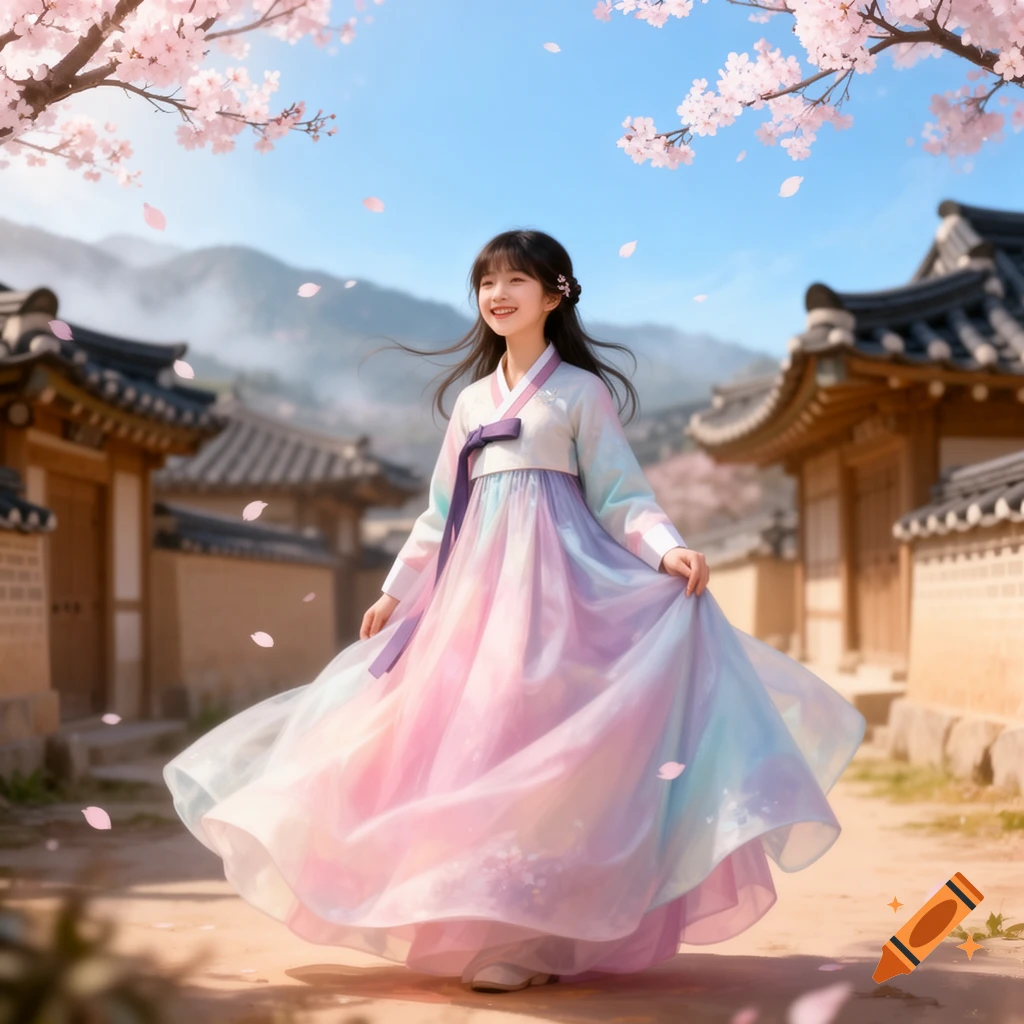 A happy young girl in a colorful hanbok stands under cherry blossoms in a traditional Korean village.
