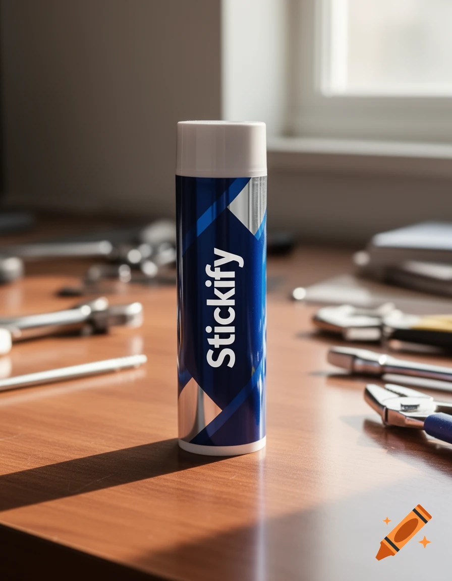 A photorealistic image of a blue and white 'Stickify' glue stick standing on a wooden desk among various tools.