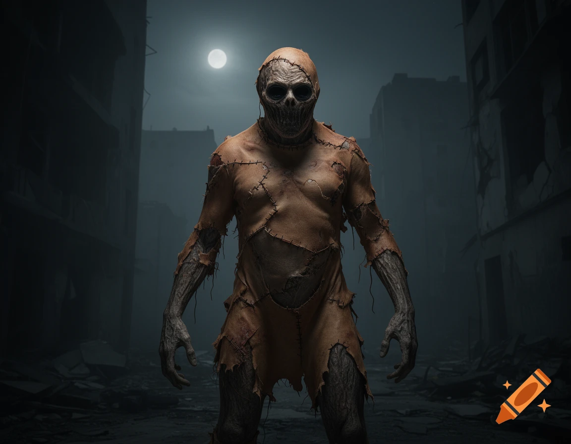 A terrifying monster wearing a stitched human skin suit stands in a dark, ruined city under a full moon, photorealistic style.
