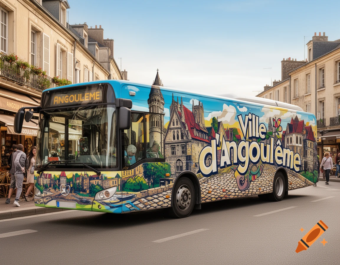 A vibrant bus with 'Ville d'Angoul Theme' painted on its side travels down a historic French city street lined with old buildings.