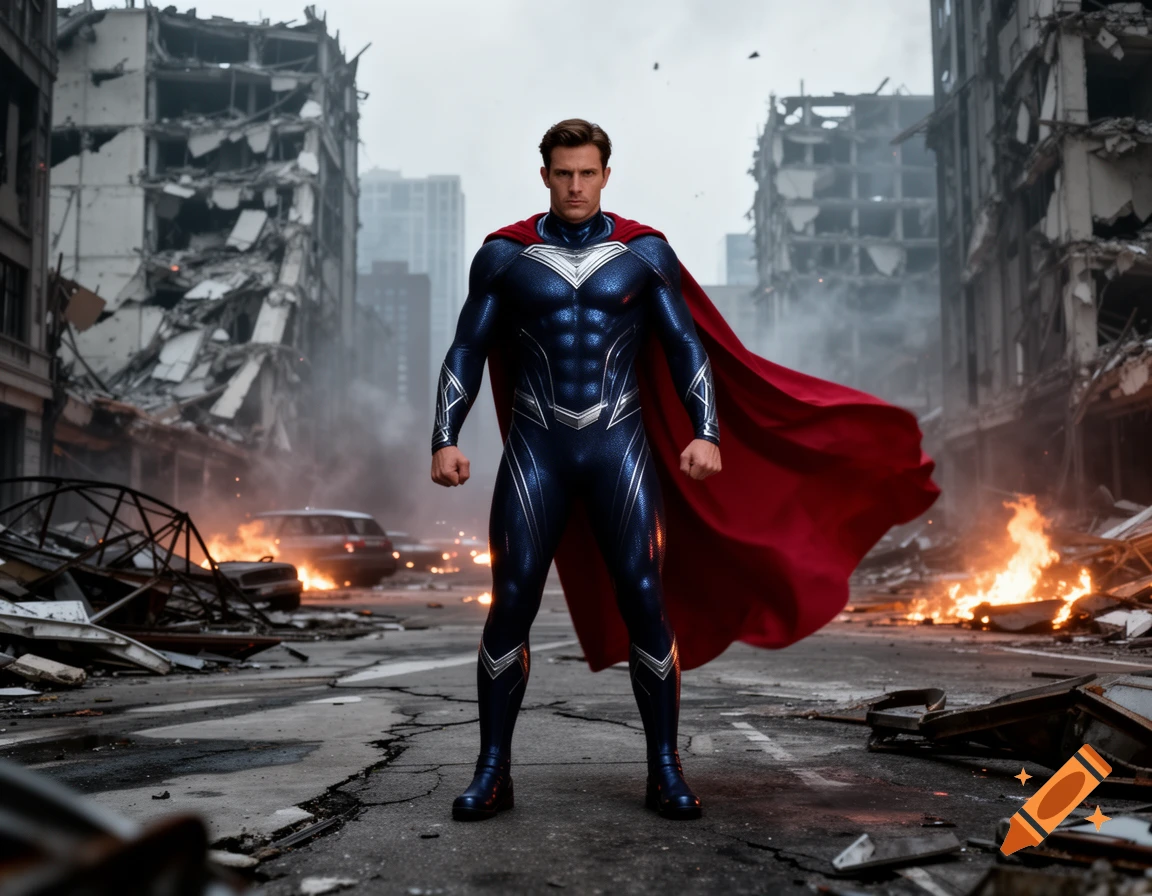 A photorealistic male superhero in a blue suit and red cape stands confidently in a destroyed city with burning rubble.