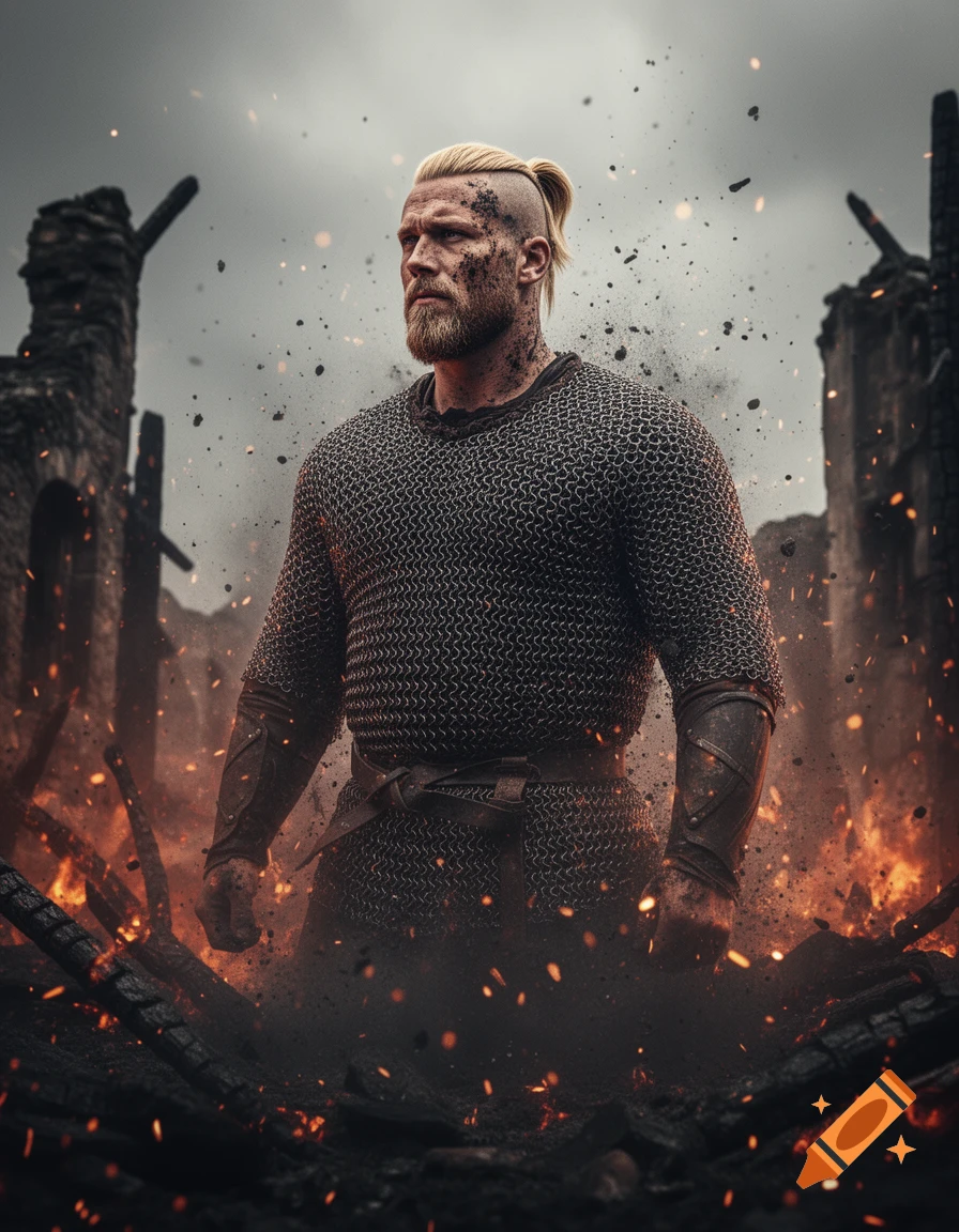 Photorealistic image of a blonde Viking warrior with a man bun, covered in dirt, standing amidst smoldering ruins and fire.