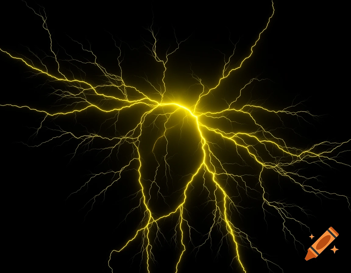 Bright yellow lightning bolts crackle and branch out against a solid black background.