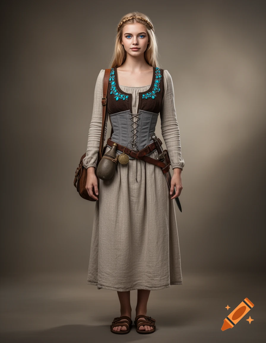 A young blonde woman in a realistic fantasy outfit, including a linen dress, corset, and turquoise-embellished vest, stands with a satchel and tools.