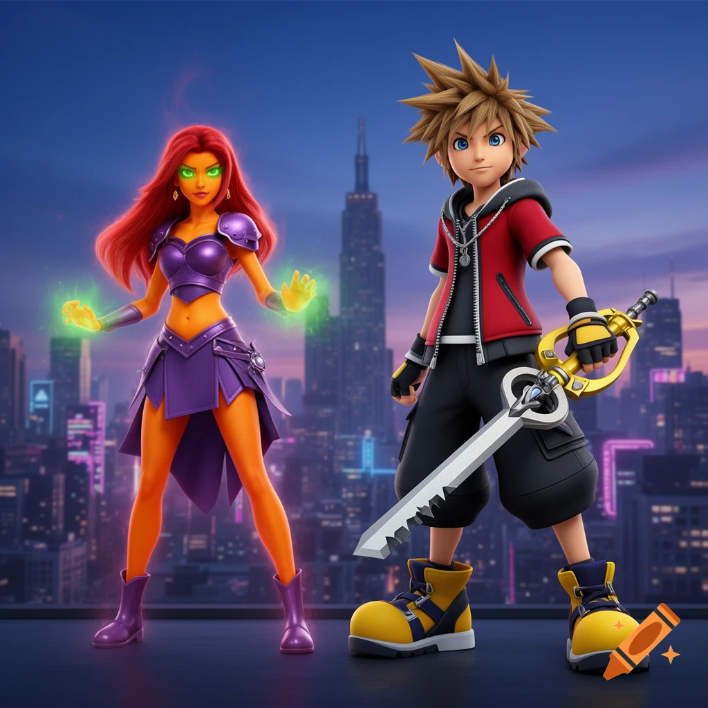 Starfire with green glowing hands and Sora with his Keyblade stand in a stylized city setting at dusk, in 3D animation style.