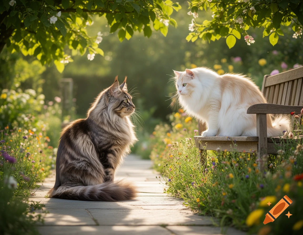 Two majestic long-haired cats, one tabby and one cream, gaze at each other in a sunlit garden path.