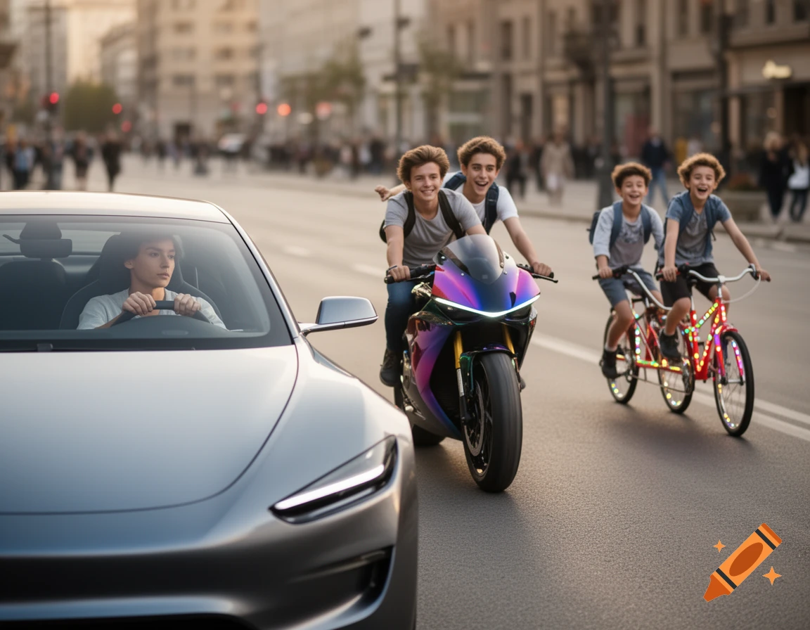 A driver in a grey car watching two people on a colorful motorcycle and two boys on light-up bikes ride down a city street.