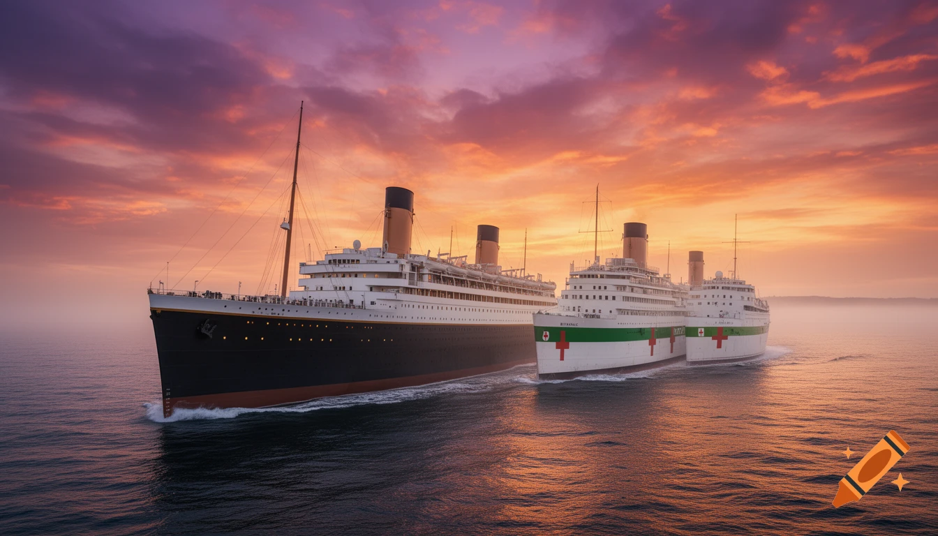Three large ships, including the Titanic and a Britannic hospital ship, sail on calm waters under a dramatic sunset.