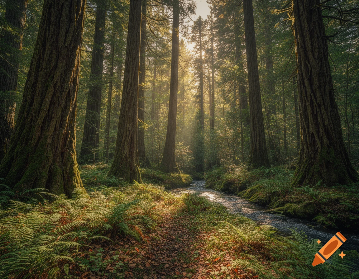 Sunlight streams through a dense forest with tall trees, lush ferns, and a winding stream, creating a path of light.