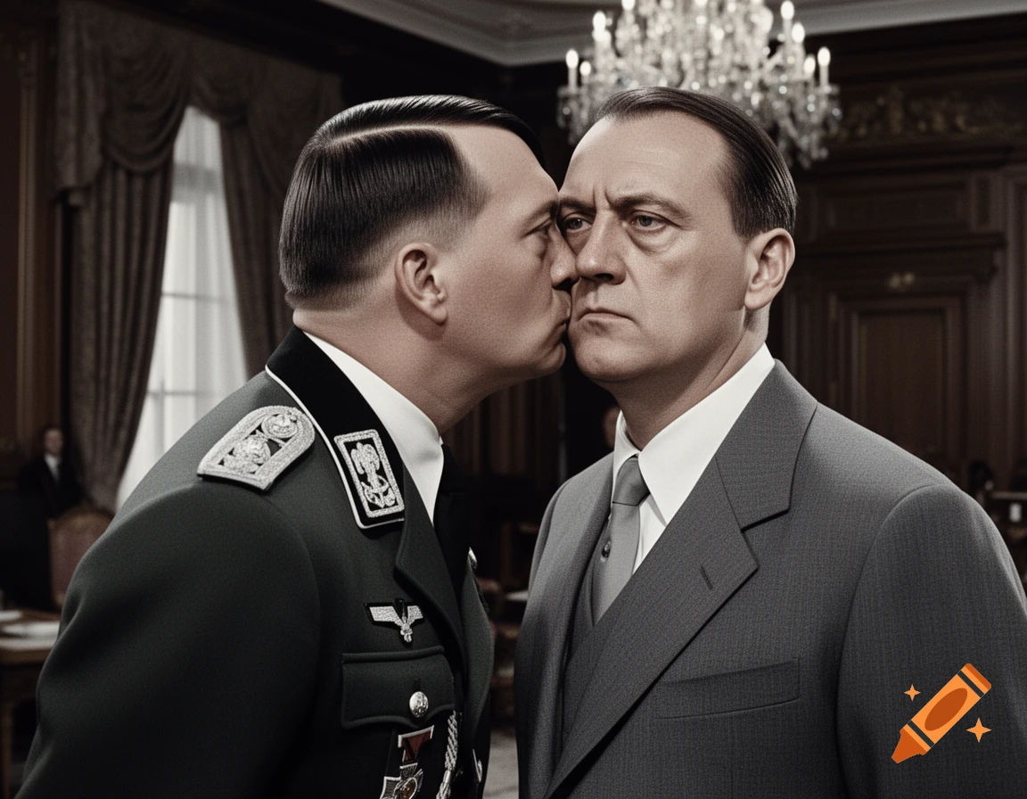 A photorealistic image of a man resembling Hitler in military uniform kissing a man in a gray suit on the cheek in a formal room.