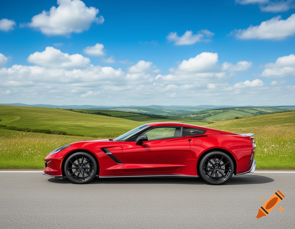 A bright red sports car on a road, with rolling green hills under a blue, cloudy sky in the background.