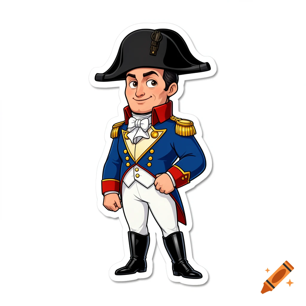 Cartoon Napoleon Bonaparte in a blue military coat, white trousers, and a black bicorne hat, smiling in a clean vector style.