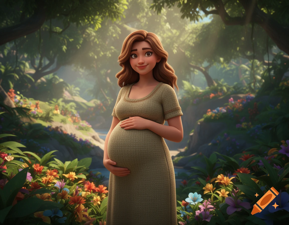 An animated pregnant woman with brown hair smiles while holding her belly in a lush, flower-filled jungle.