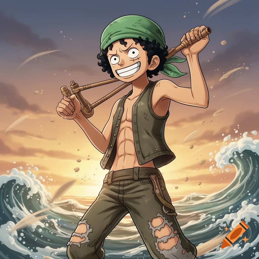 Anime character Usopp with a long nose, green bandana, vest, and ripped pants, holding a slingshot against a sunset ocean backdrop with waves.
