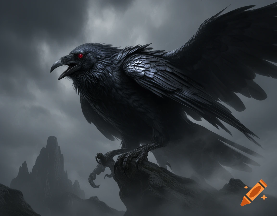 A majestic dark raven with glowing red eyes perches on a rock in a foggy, dark mountainous landscape.