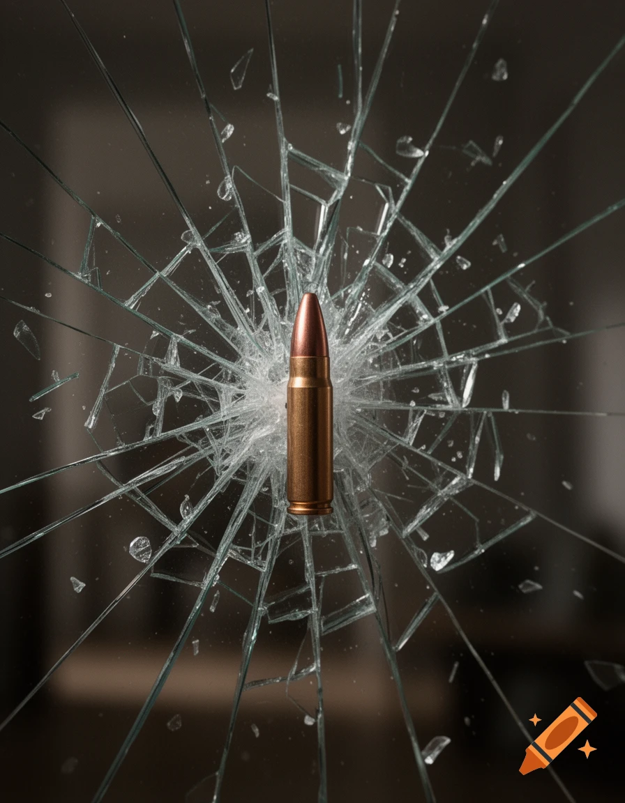 A bronze bullet is centered in a pane of glass shattered into a radial pattern.