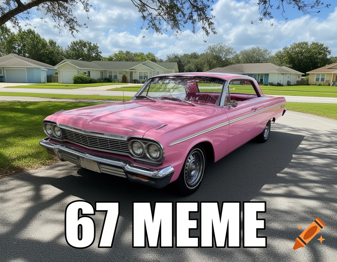 A shiny pink classic car with '67 MEME' text on a suburban driveway under a sunny sky.