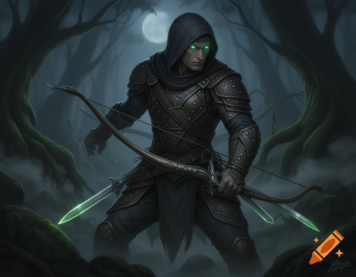 A hooded elf ranger with glowing green eyes, studded armor, longbow, and twin glowing blades in a misty forest.