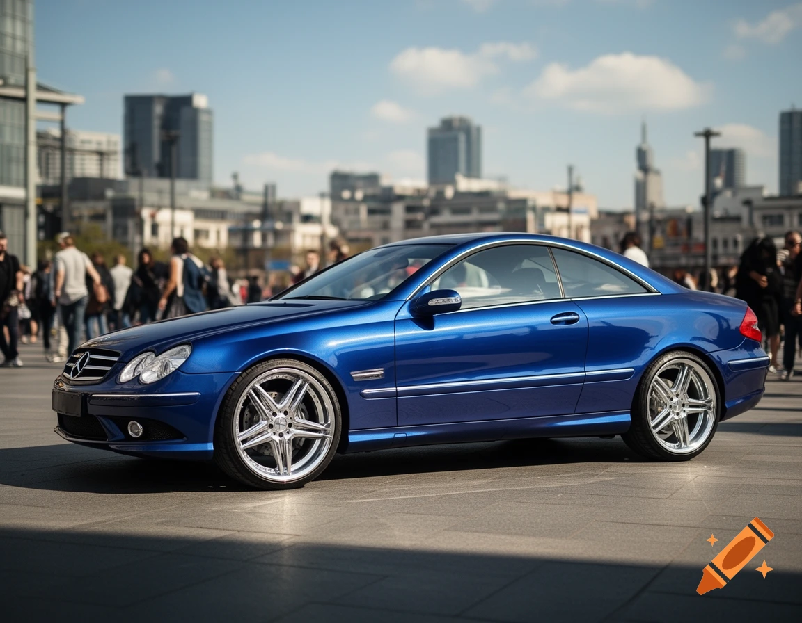 A shiny blue Mercedes-Benz coupe parked on a paved plaza in a bustling city with tall buildings under a blue sky.