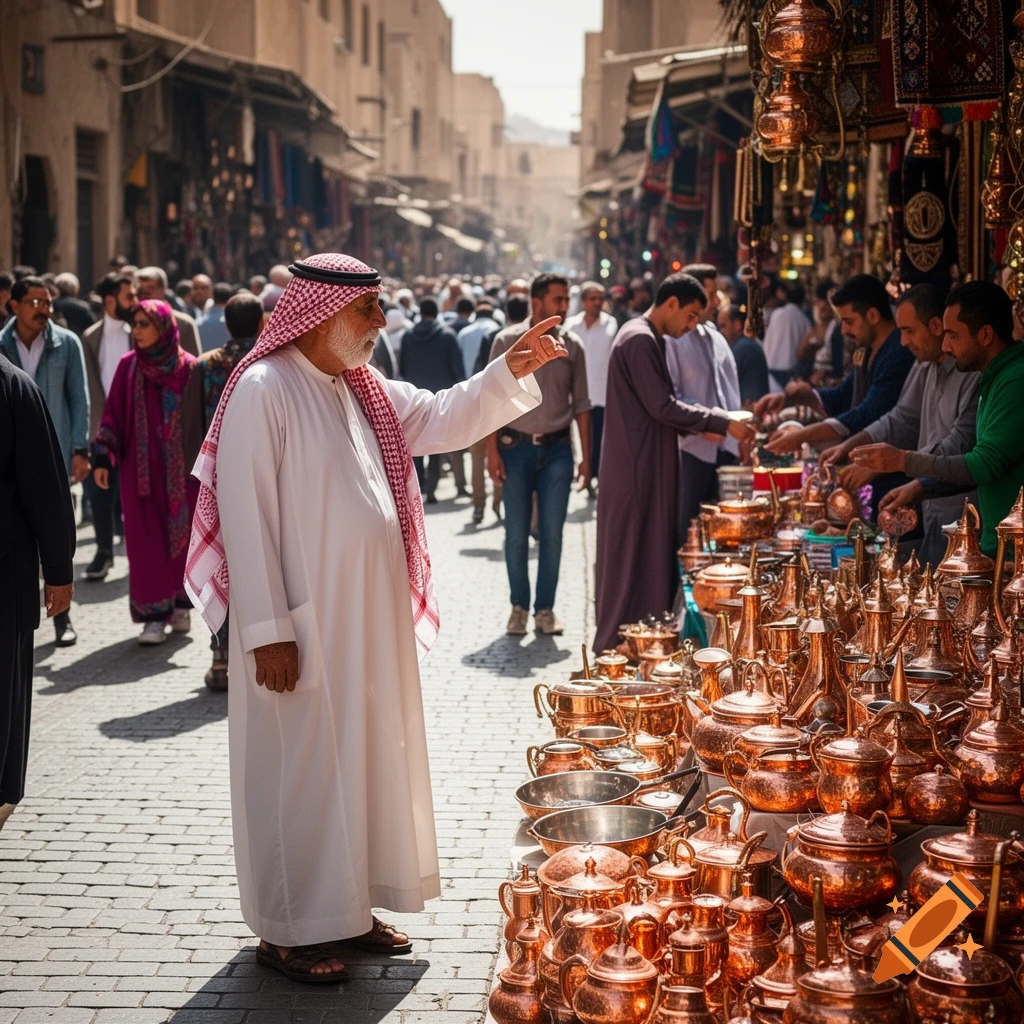 A man in a white thobe and red keffiyeh points in a bustling Middle Eastern market filled with copperware stalls.