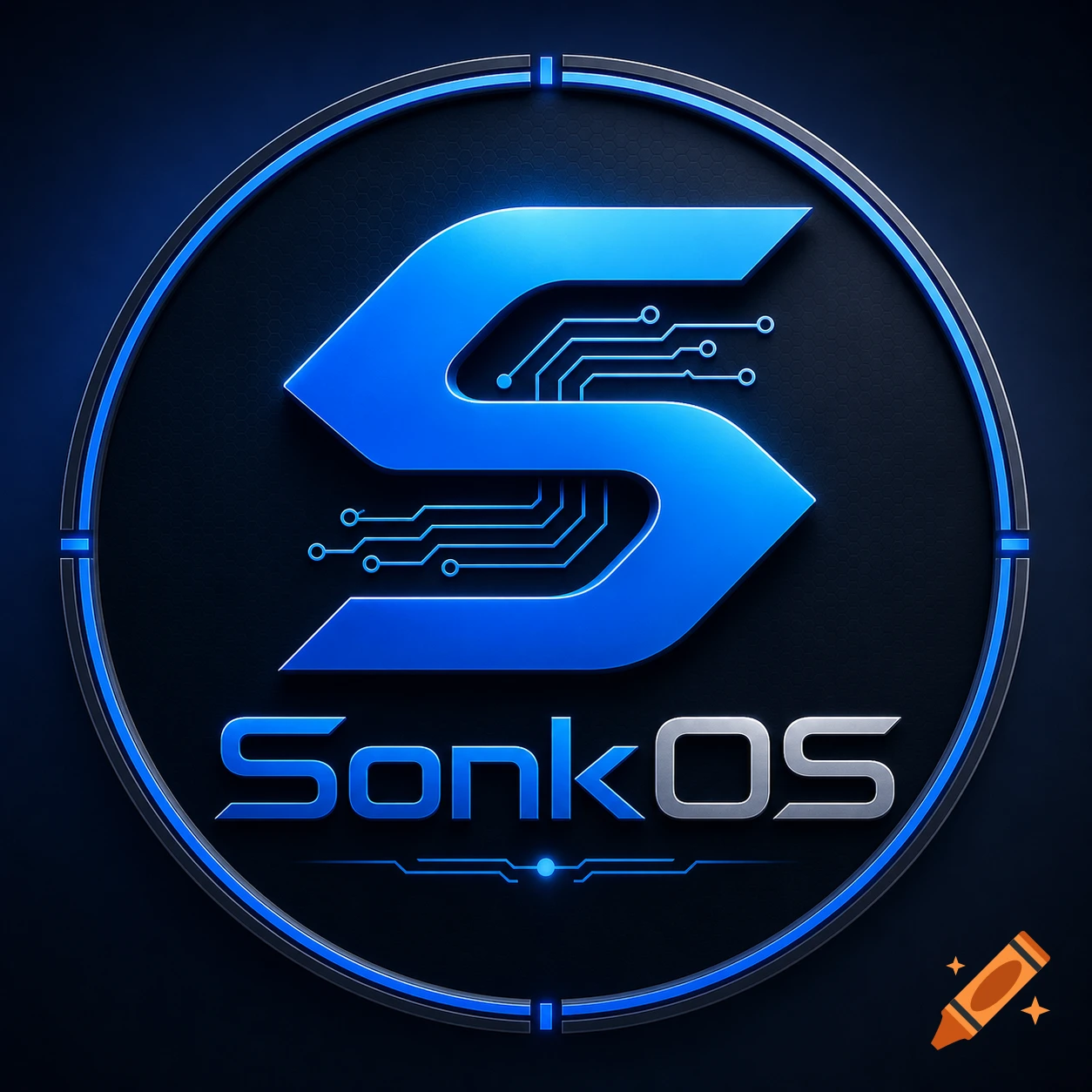 Sleek blue and silver circular logo for SonkOS, featuring a stylized 'S' with circuit board elements on a dark textured background.