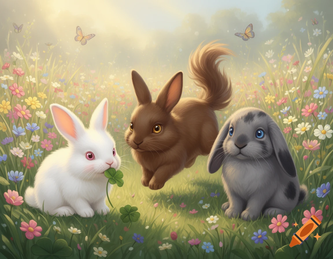 Three cute rabbits, white, brown, and grey, in a field of colorful wildflowers under a sunny sky.