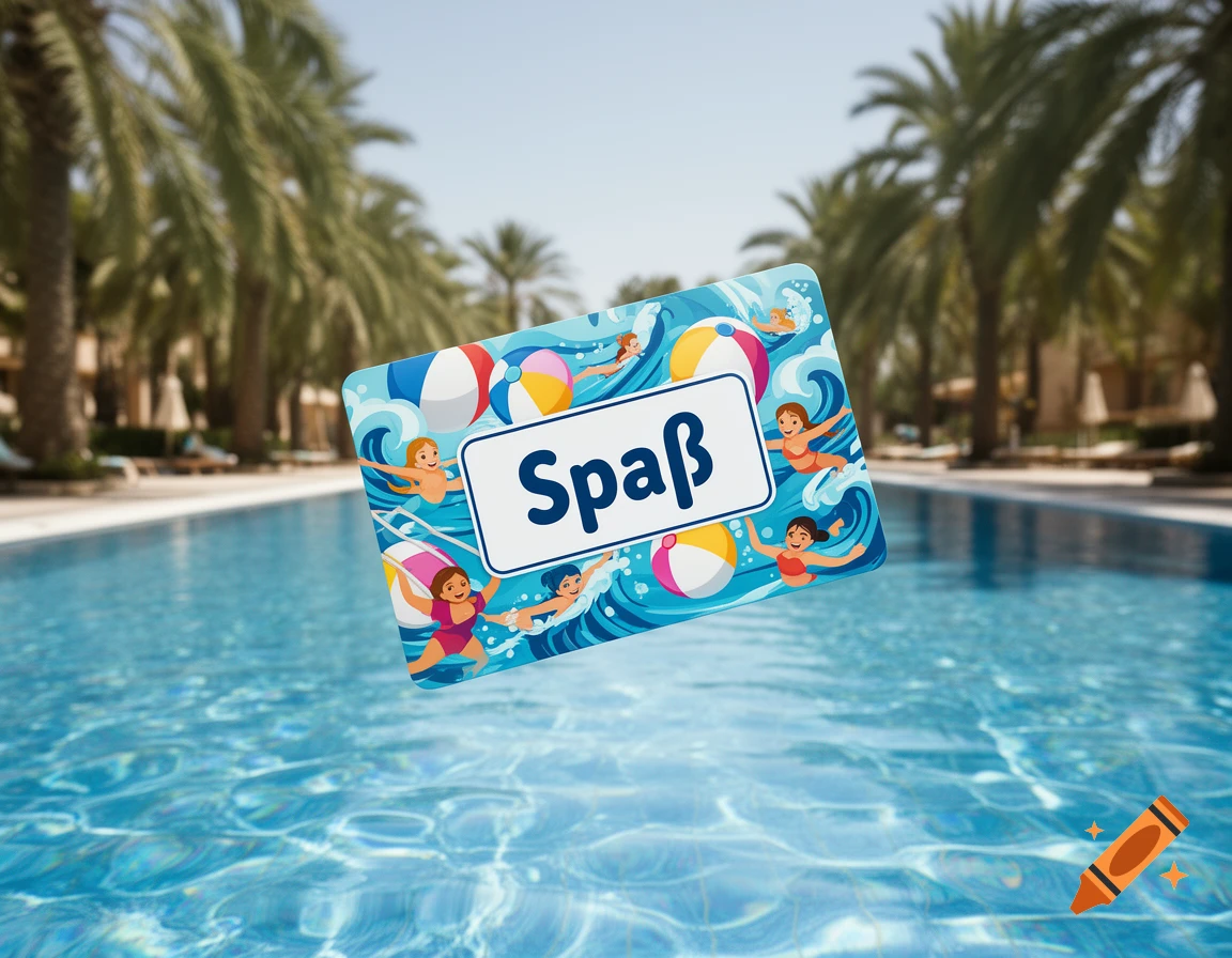 A stylized graphic featuring the German word "Spaß" (fun) and cartoon swimmers floats above a clear blue swimming pool lined with palm trees.