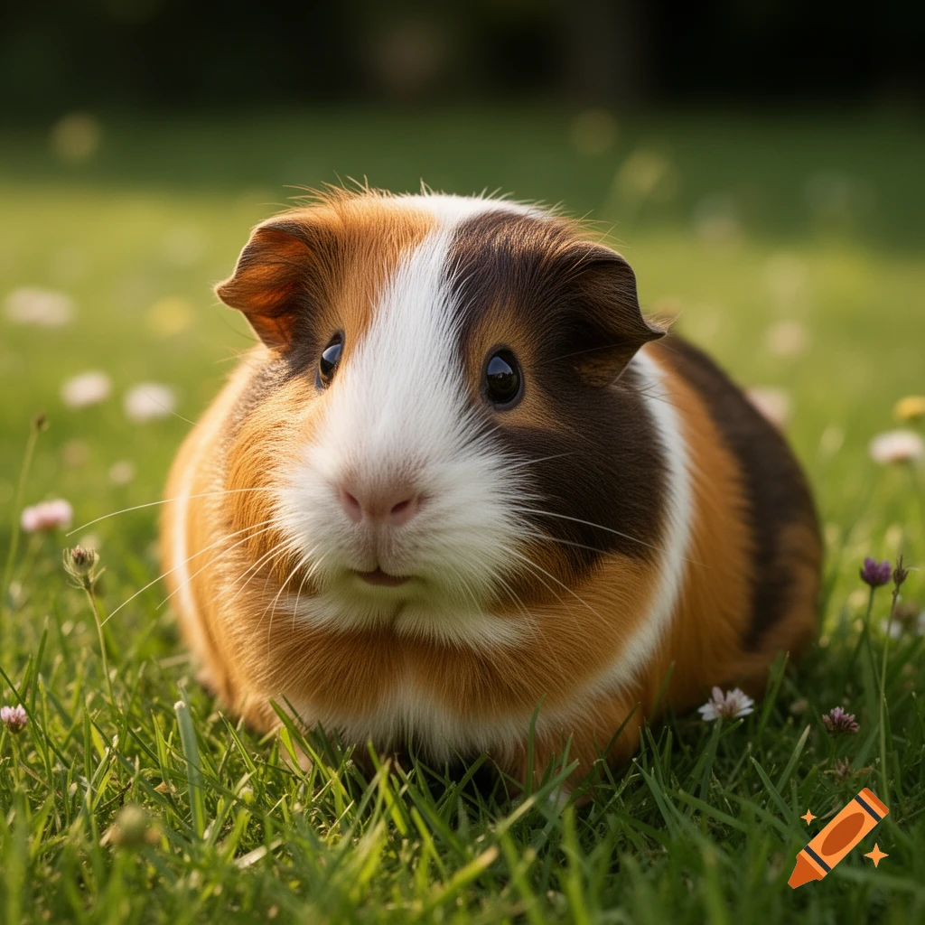 A fluffy tri-color guinea pig sits in green grass with small flowers, looking forward.