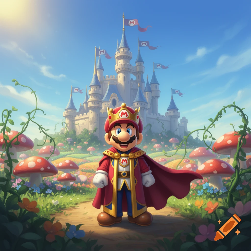 King Mario in a red cape and crown stands in a mushroom field before a grand castle with M flags under a blue sky.