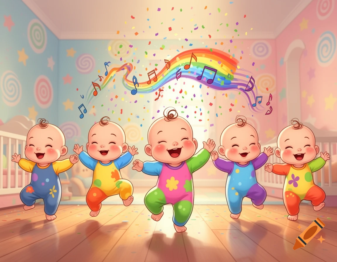 Five happy cartoon babies in colorful rompers dance in a joyful nursery with confetti and musical notes.