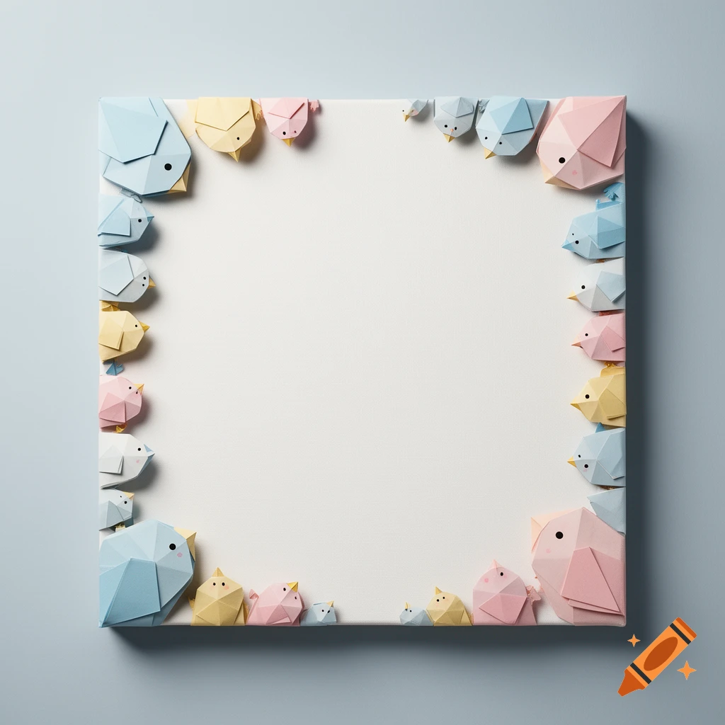 Pastel papercraft birds frame a blank square canvas against a soft blue background.