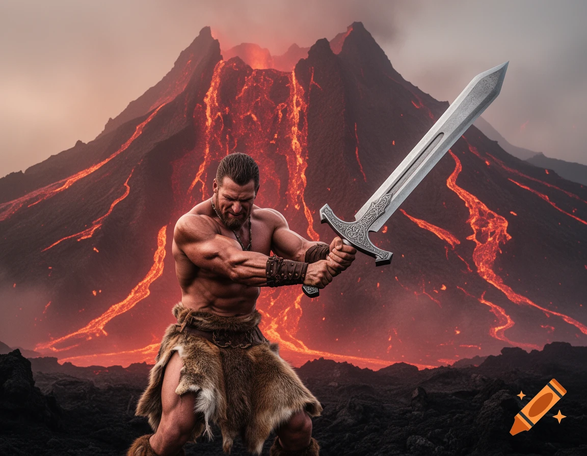 A muscular barbarian in a fur loincloth wields a large sword against a backdrop of erupting volcanoes, photorealistic style.