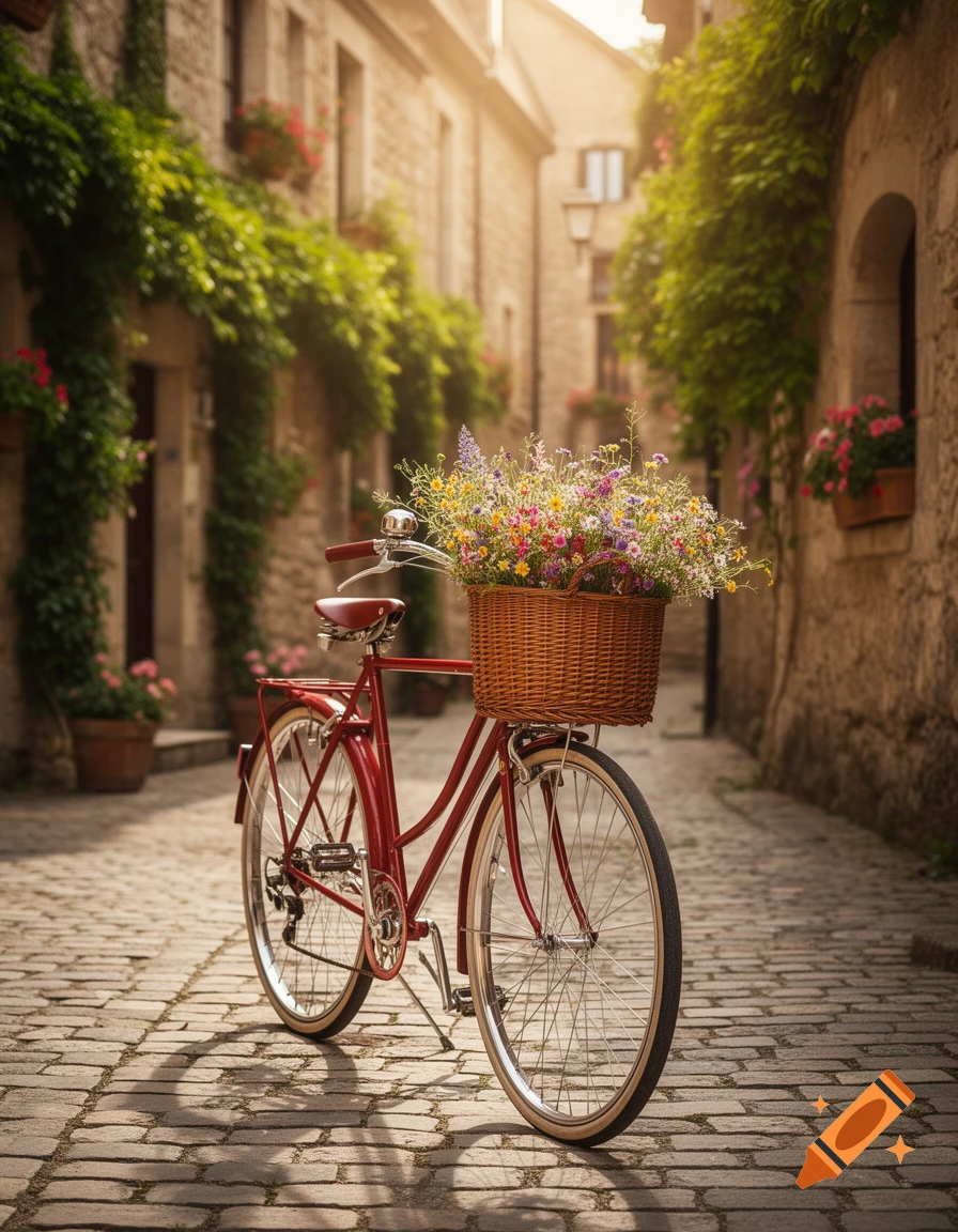A red bicycle with a basket full of colorful flowers is parked on a cobblestone street in a sunlit European town.
